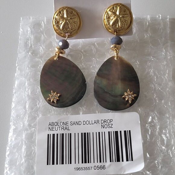 Chico’s Abalone Sand Dollar 2" Drop Pierced Earrings Coastal Beach BOHO Dangle - Picture 9 of 13